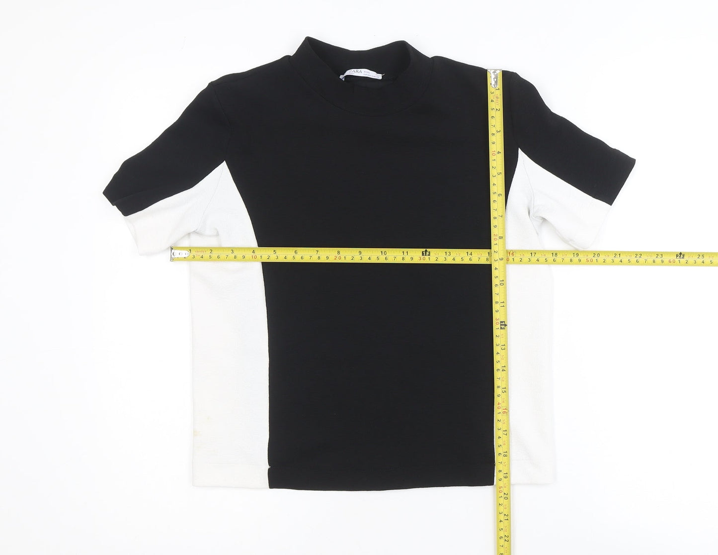 Zara Women Black White Colourblock Mock Neck Short Sleeve T-Shirt S