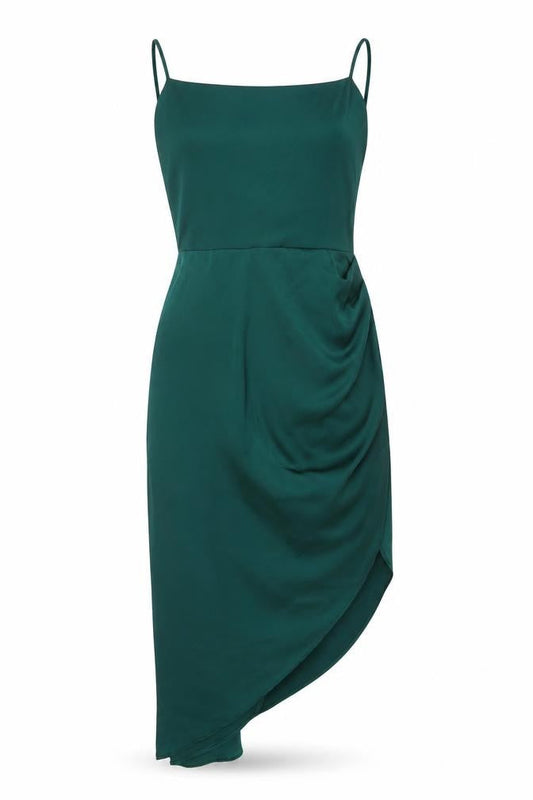 Vera & Lucy Women Green Midi Slip Dress Size M Asymmetric Ruffle