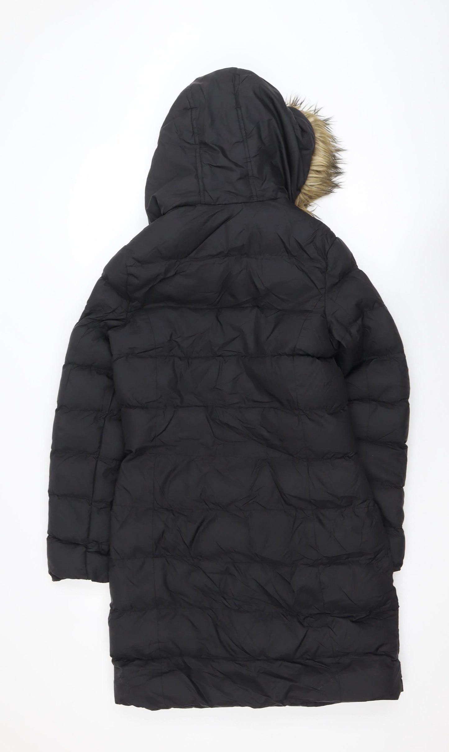 Boohoo Women's Black Long Hooded Puffer Coat Size 10 Fur Trim Winter