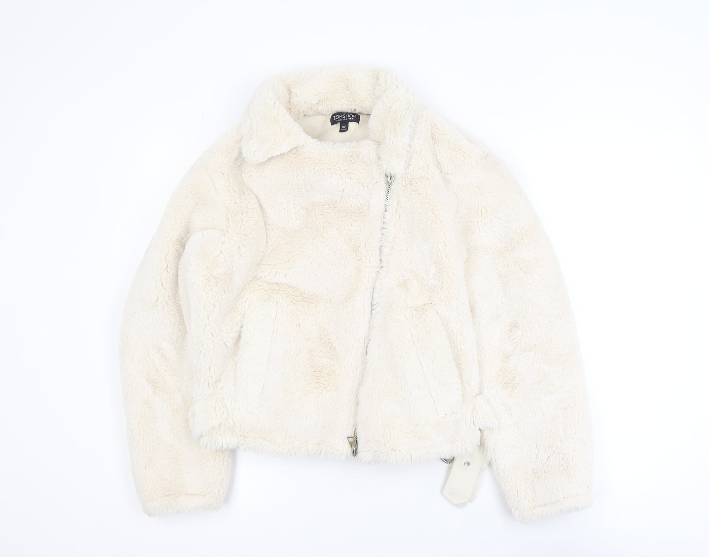 Topshop Women's Ivory Faux Fur Biker Jacket Size 8