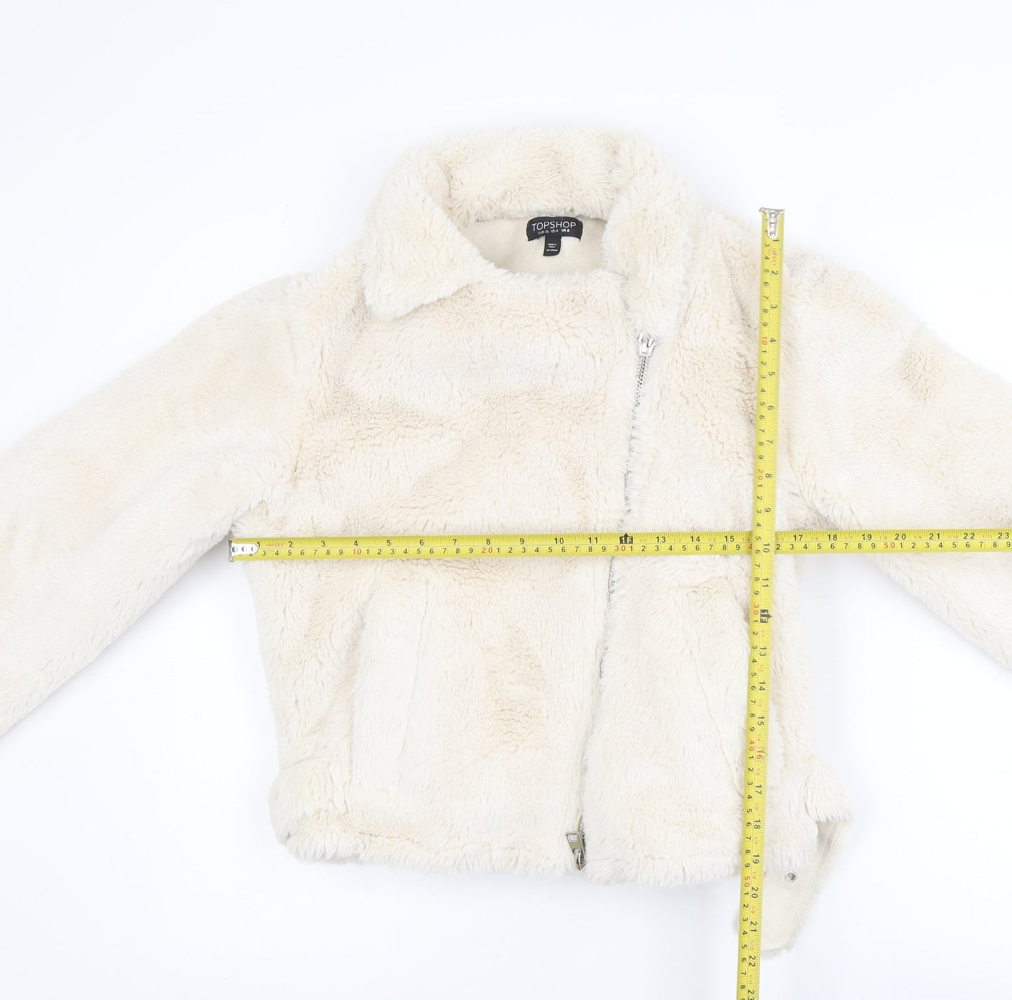 Topshop Women's Ivory Faux Fur Biker Jacket Size 8