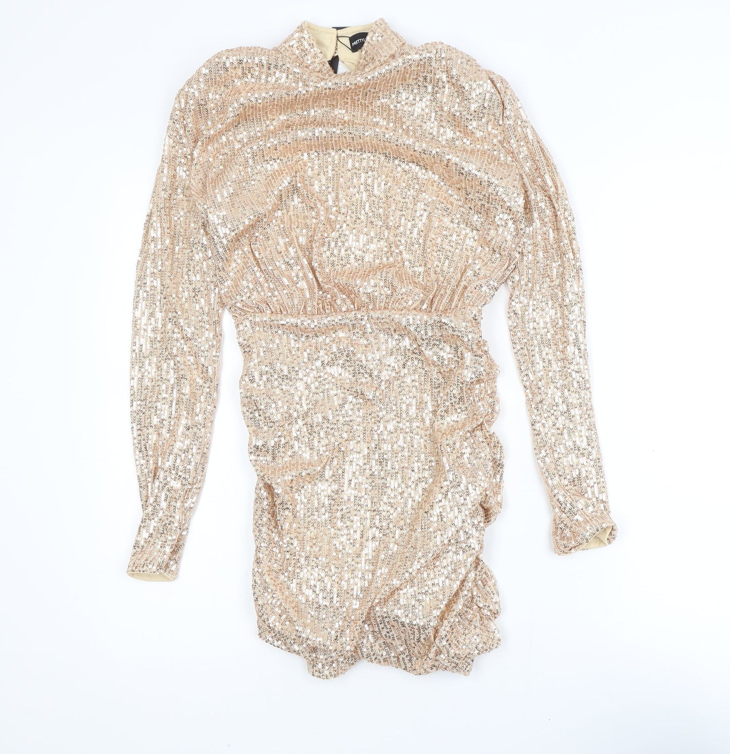PrettyLittleThing Women’s Gold Sequin Bodycon Dress Size 6 Party Long Sleeve
