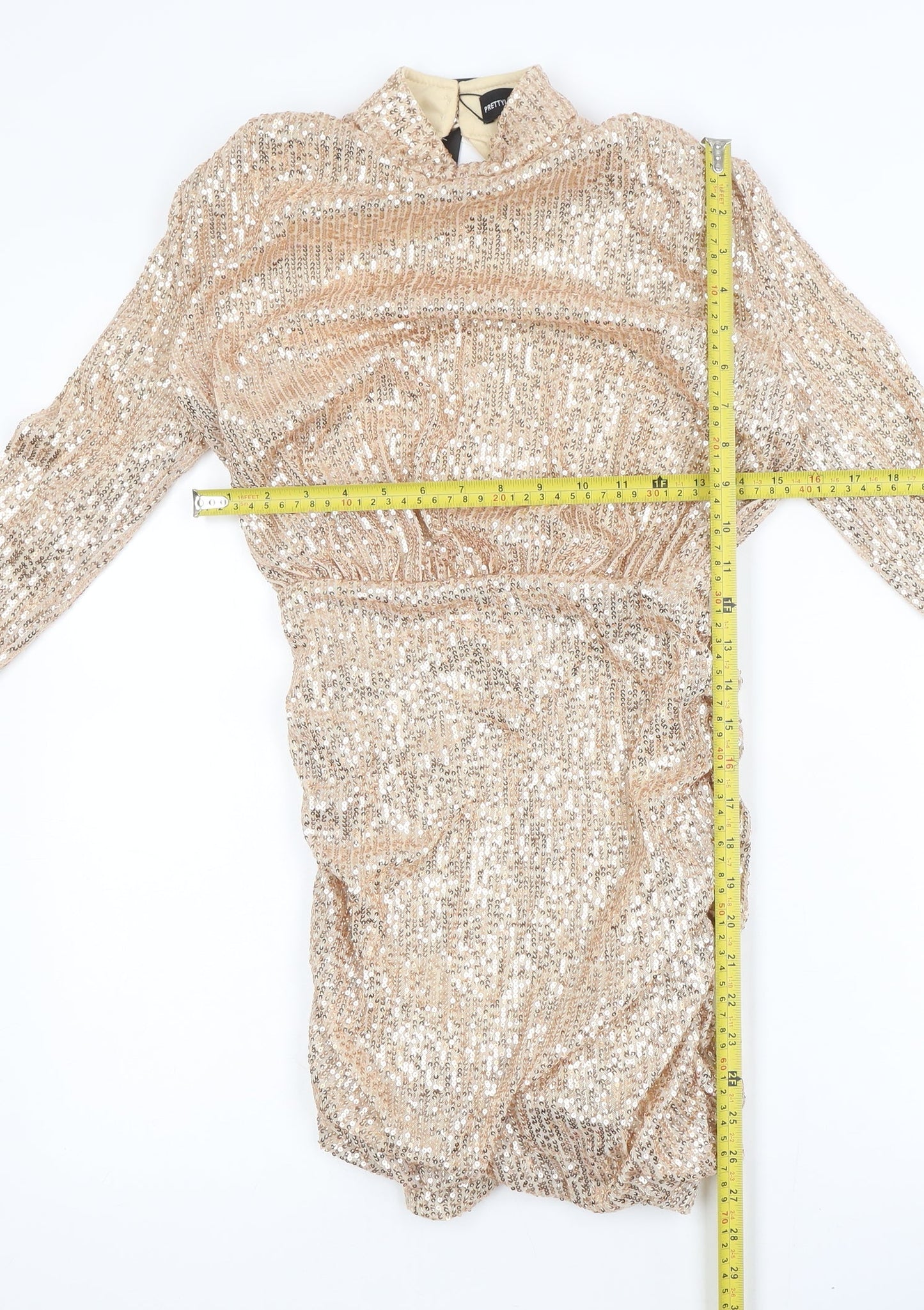 PrettyLittleThing Women’s Gold Sequin Bodycon Dress Size 6 Party Long Sleeve
