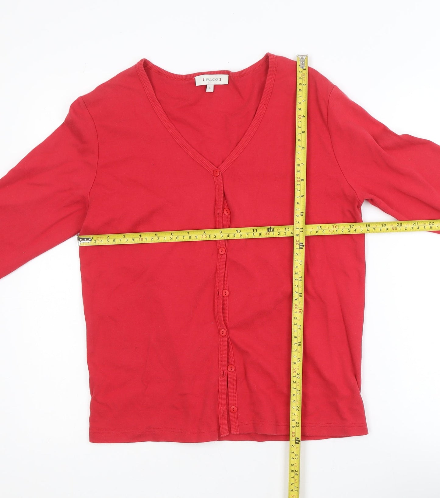 Paco Women Red Cotton V-Neck Long Sleeve Cardigan Size L