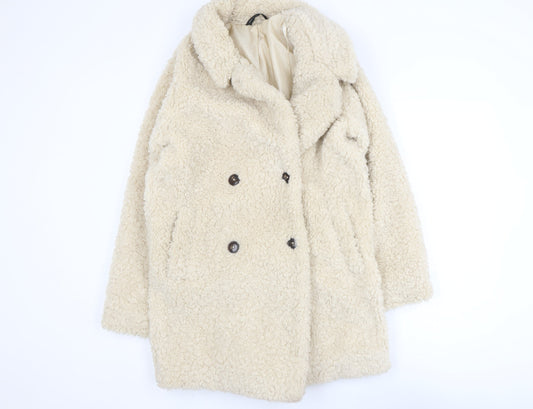 F&F Women’s Beige Faux Shearling Teddy Coat XS Double Breasted Winter Jacket