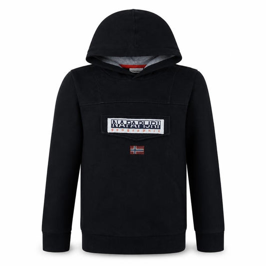 Napapijri Boys Black Hooded Pullover Hoodie Size 16 (170cm) Cotton Blend