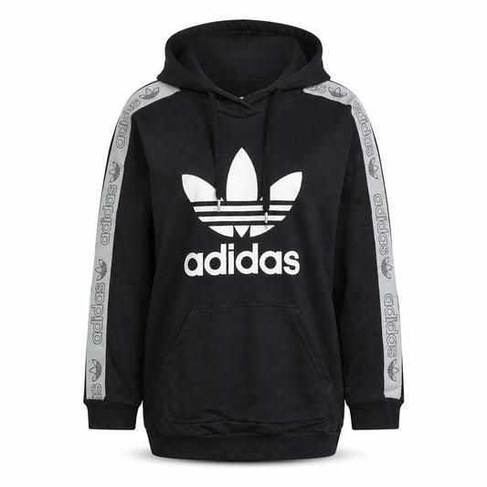 Adidas Women Black Pullover Hoodie Size 8 Logo Tape Sleeve Casual