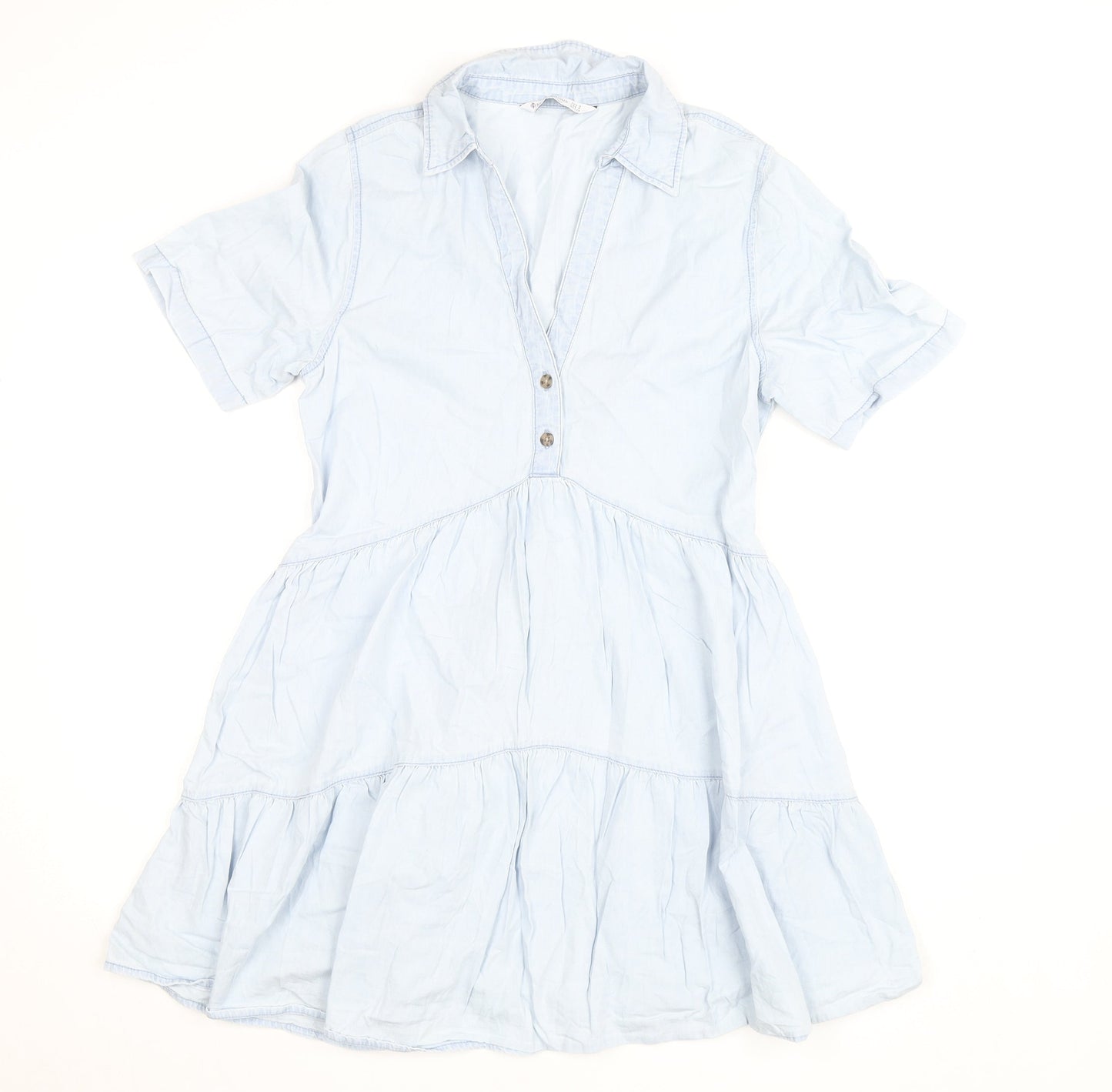 Stradivarius Womens Blue Cotton Shirt Dress Size 8 Short Sleeve Casual