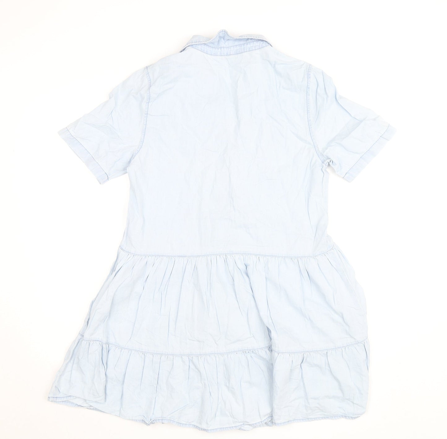 Stradivarius Womens Blue Cotton Shirt Dress Size 8 Short Sleeve Casual