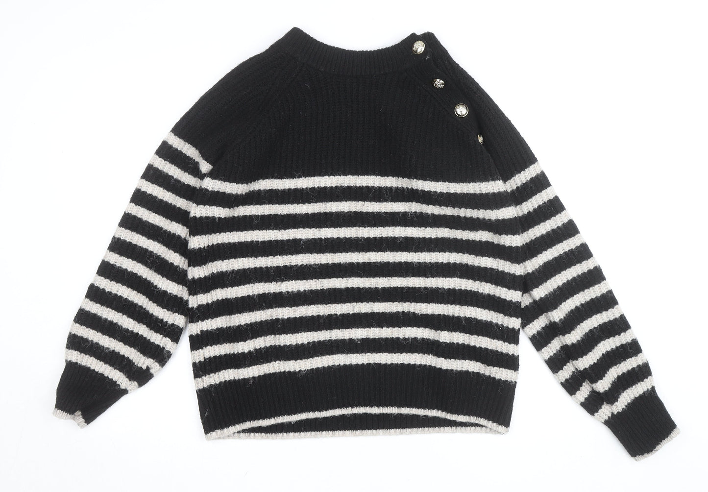 Dunnes Women Black Striped Button Shoulder Chunky Knit Jumper Size L