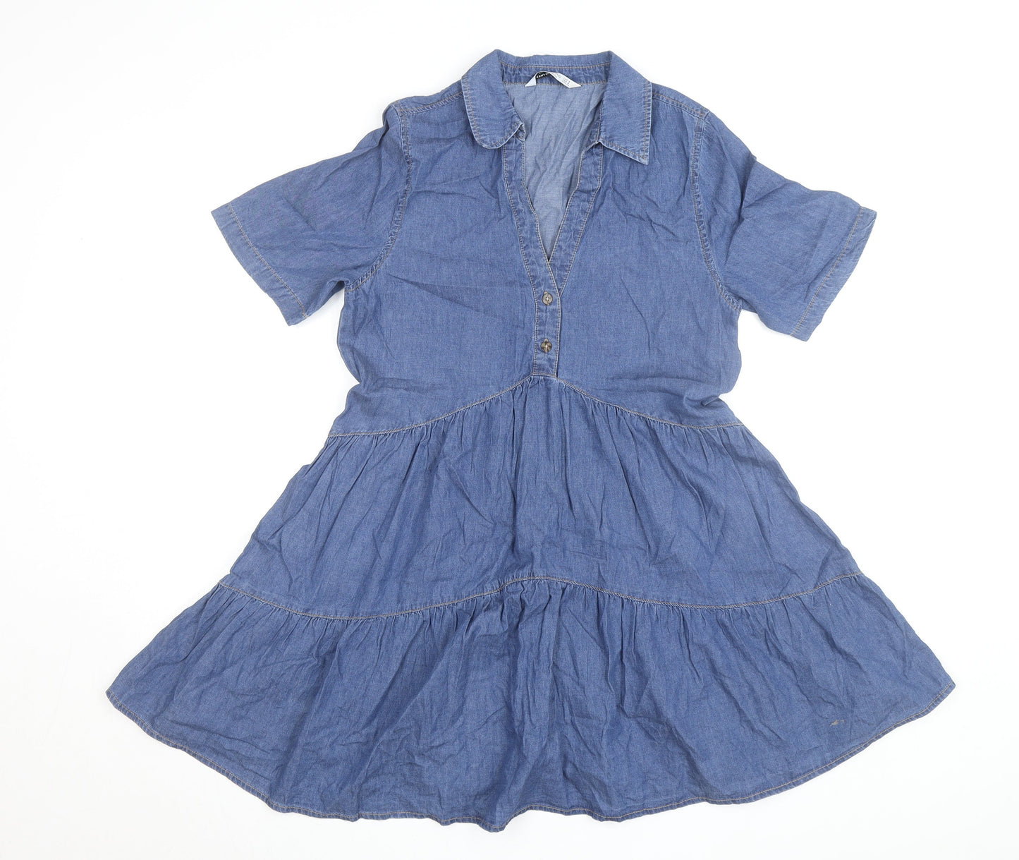Stradivarius Women Blue Short Sleeve Denim Shirt Dress Size 8
