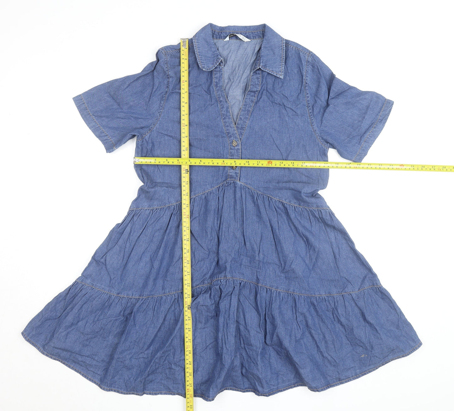 Stradivarius Women Blue Short Sleeve Denim Shirt Dress Size 8