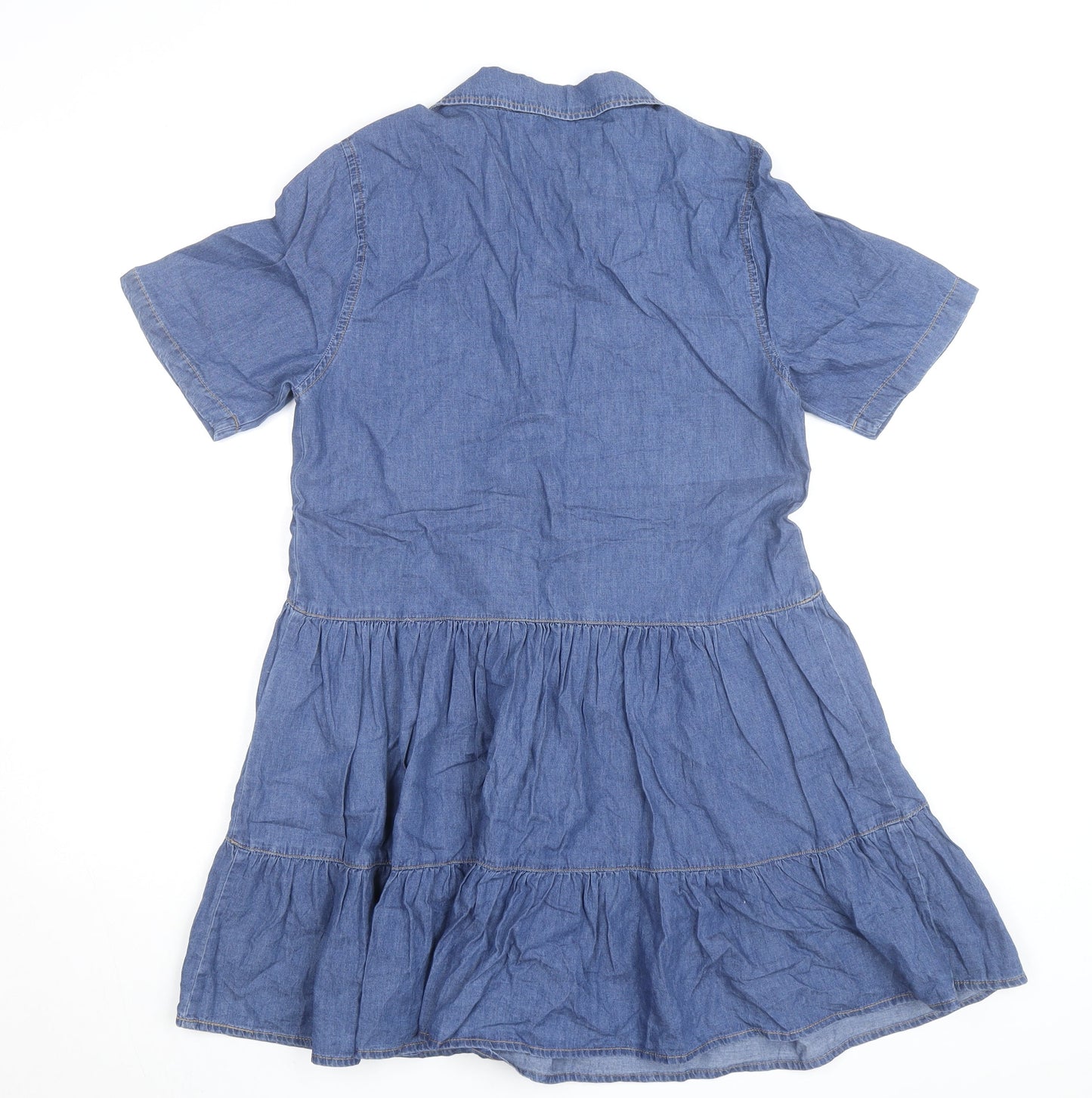 Stradivarius Women Blue Short Sleeve Denim Shirt Dress Size 8
