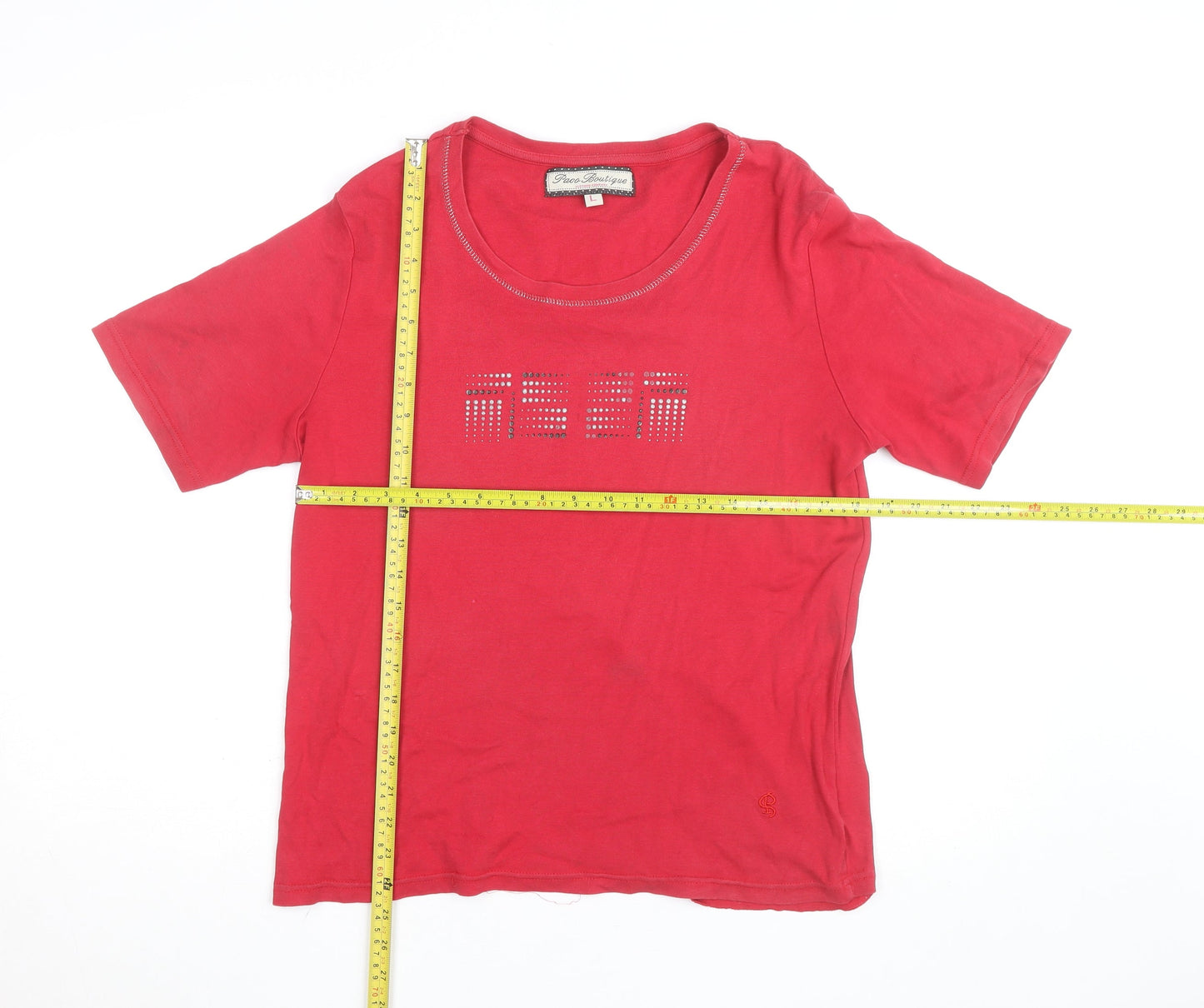 Paco Boutique Womens Red Rhinestone T-Shirt Size L Cotton Short Sleeve