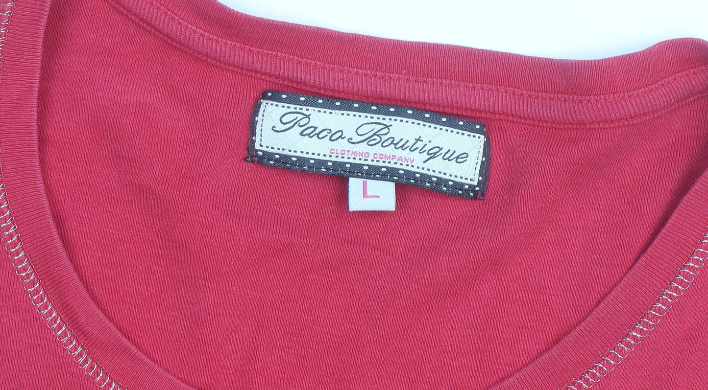 Paco Boutique Womens Red Rhinestone T-Shirt Size L Cotton Short Sleeve