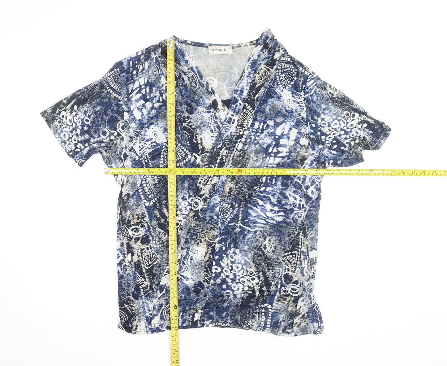 Bassini Women's Blue Geometric Wrap Blouse L Short Sleeve