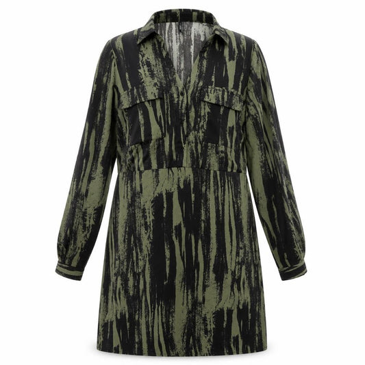 Only Women's Green Camouflage Long Sleeve Collared Shirt Dress L