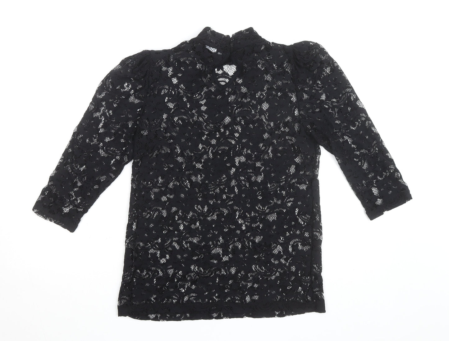 Vila Clothes Women's Black Lace High Neck 3/4 Sleeve Blouse Size 10