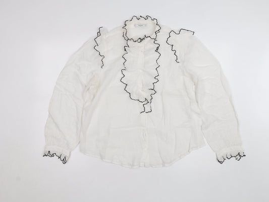 Mango Women's White Ruffle Long Sleeve Blouse Size 12
