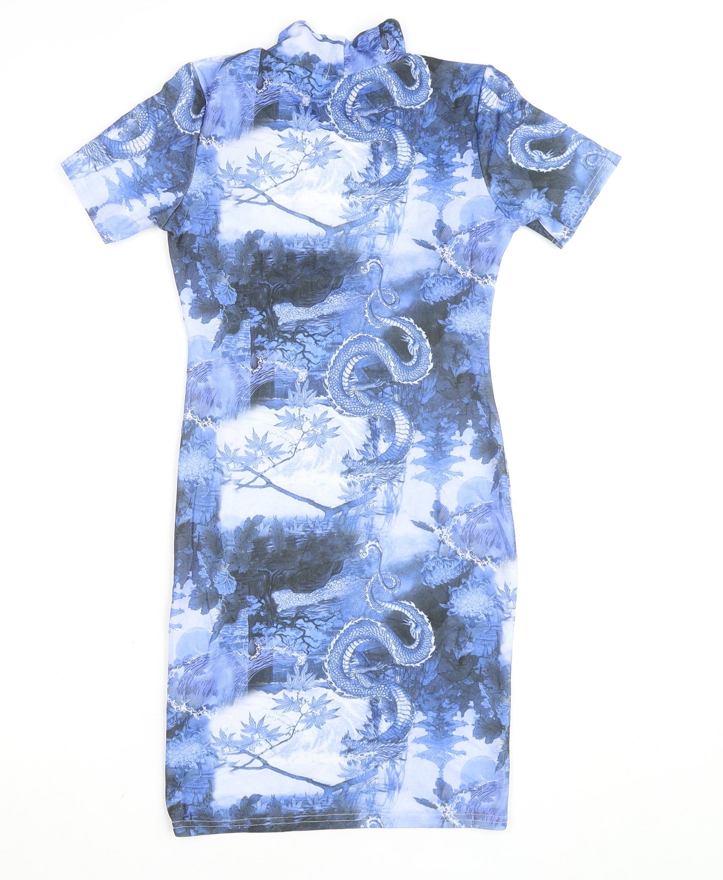 PrettyLittleThing Women's Blue Dragon Print Bodycon Dress Size 8