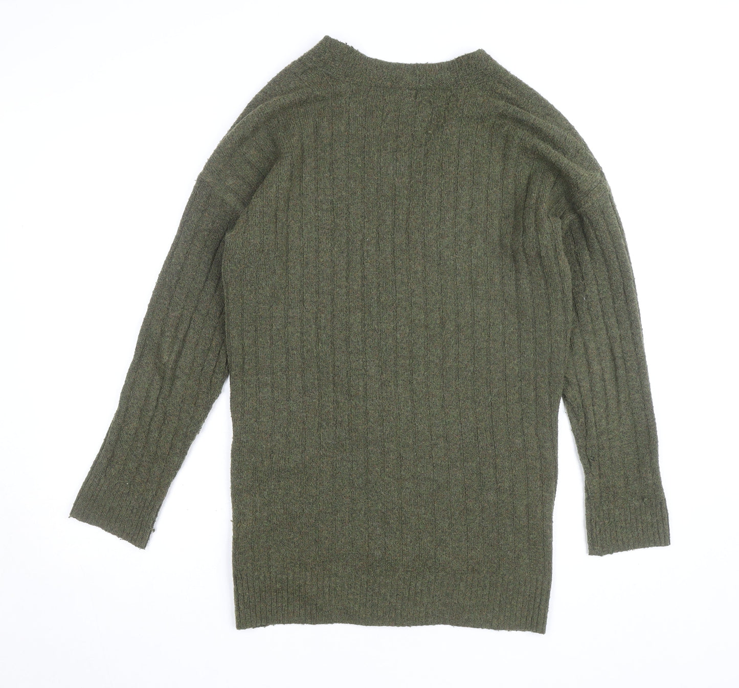 Jolie & Joy Women Olive Green Ribbed Open Cardigan Medium Polyester Blend