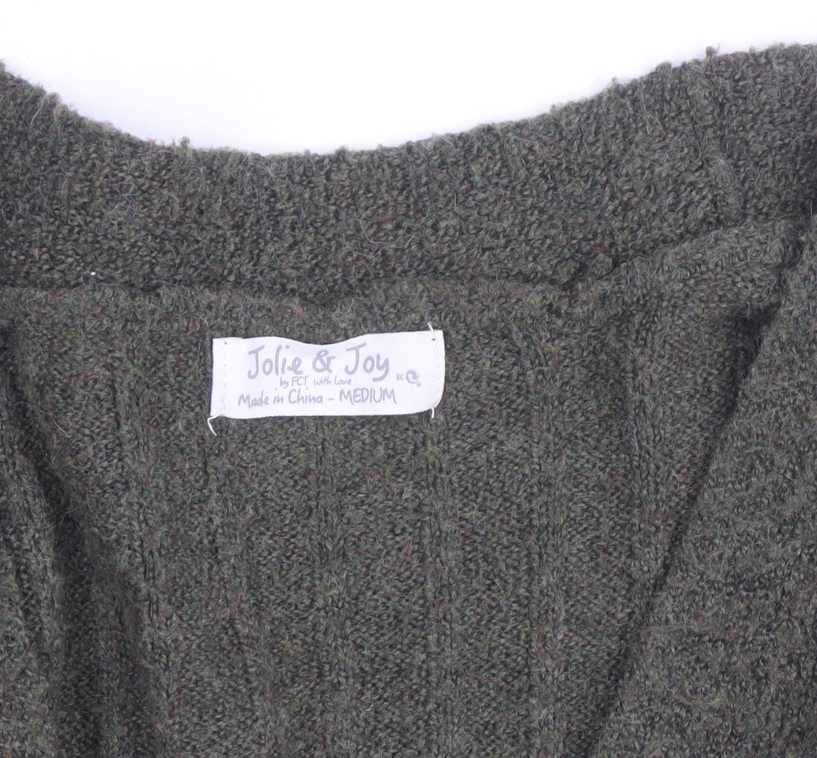 Jolie & Joy Women Olive Green Ribbed Open Cardigan Medium Polyester Blend