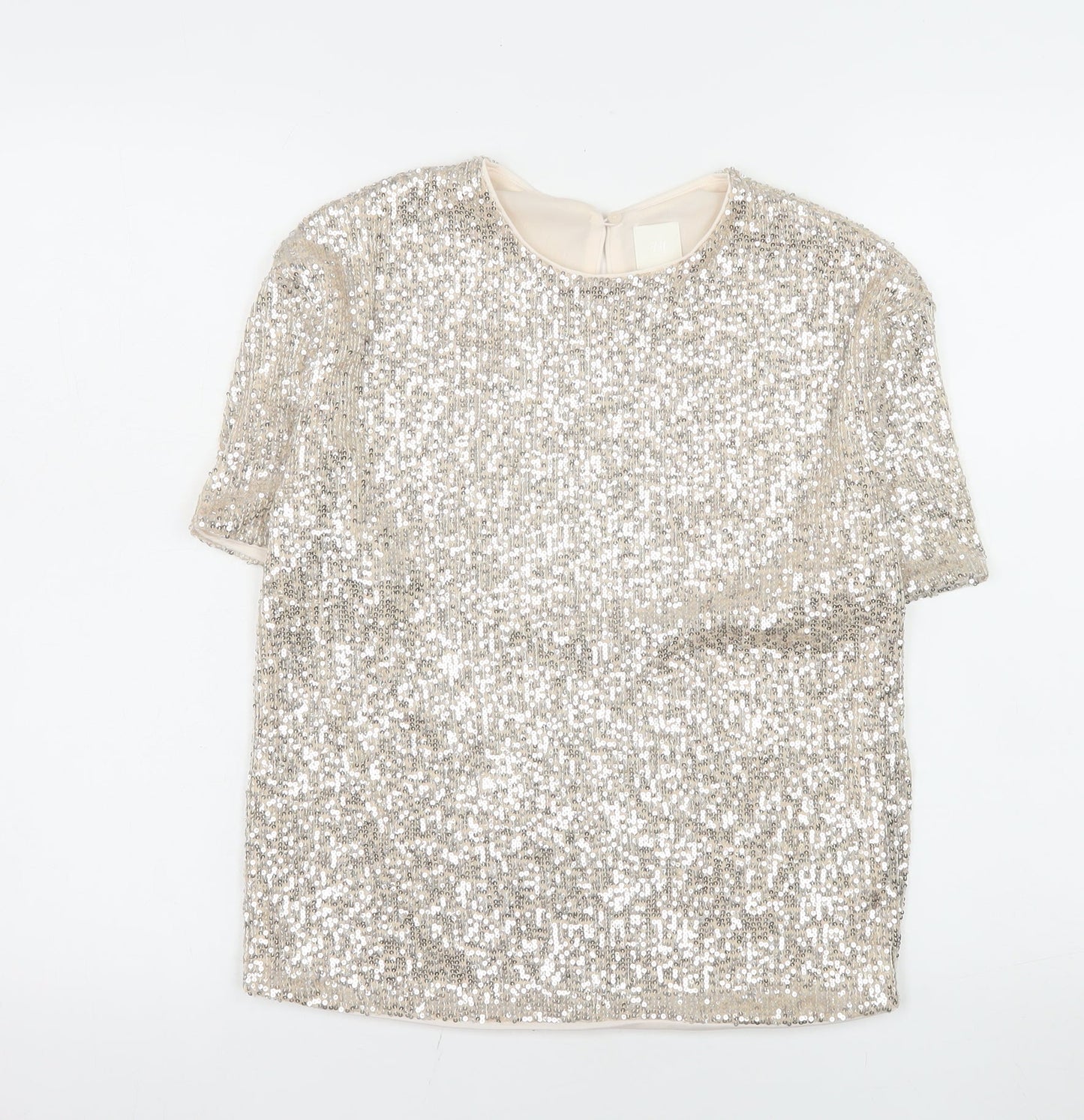 H&M Women Silver Sequin Short Sleeve Round Neck Top XS