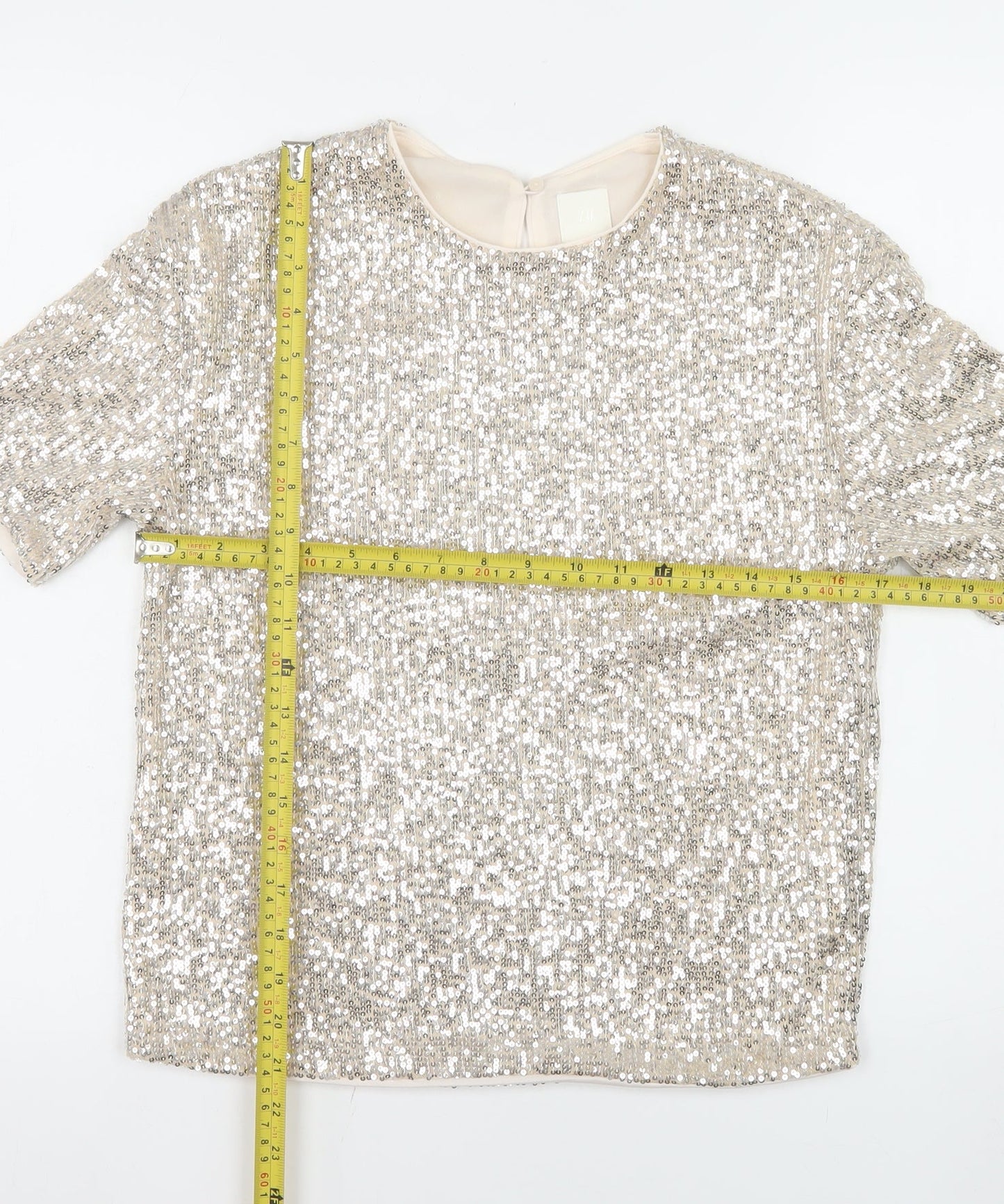 H&M Women Silver Sequin Short Sleeve Round Neck Top XS