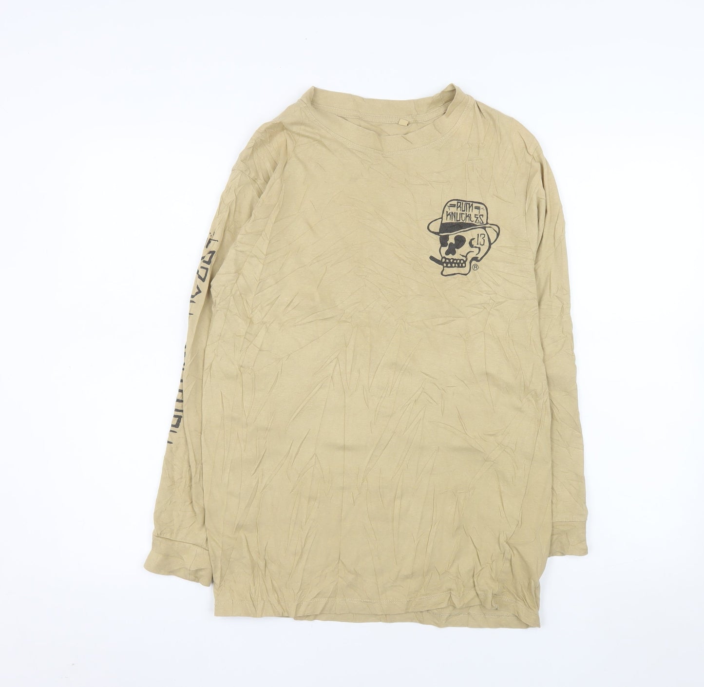 Rum Knuckles Mens Beige Skull Graphic Long Sleeve Cotton Top M