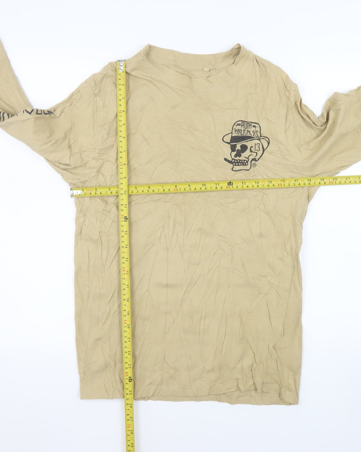 Rum Knuckles Mens Beige Skull Graphic Long Sleeve Cotton Top M