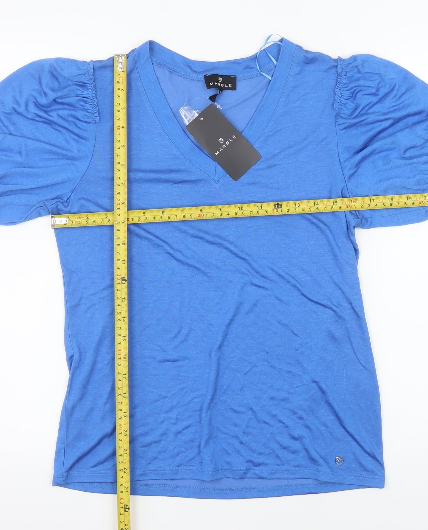Marble Womens Blue V-Neck Puff Sleeve Jersey T-Shirt XS