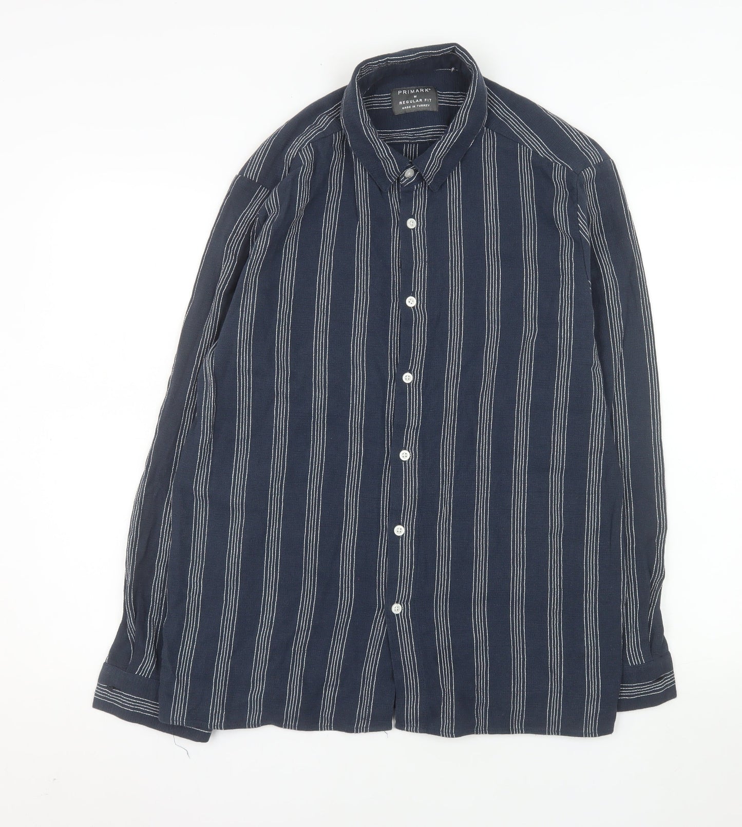 Primark Men's Blue Striped Regular Fit Long Sleeve Button-Up Shirt M