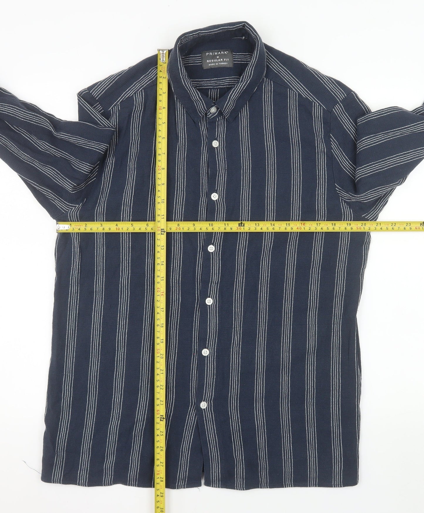 Primark Men's Blue Striped Regular Fit Long Sleeve Button-Up Shirt M