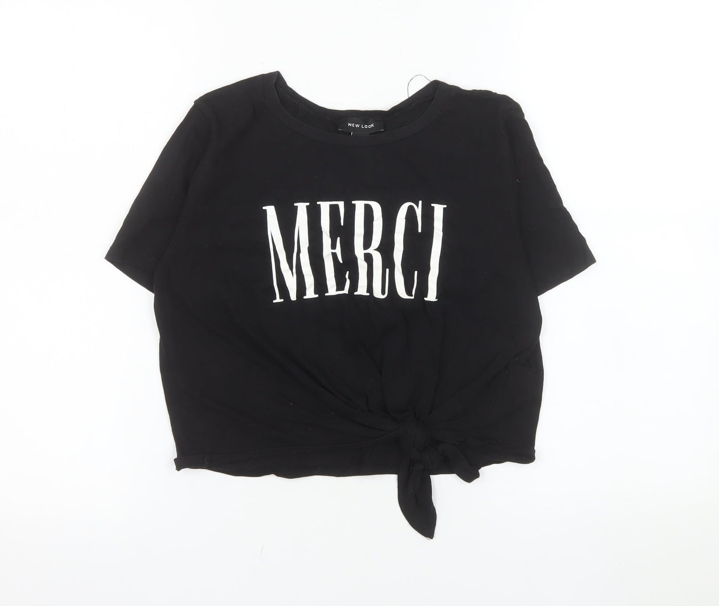 New Look Women's Black Merci Cropped Tie Front Cotton T-Shirt Size S