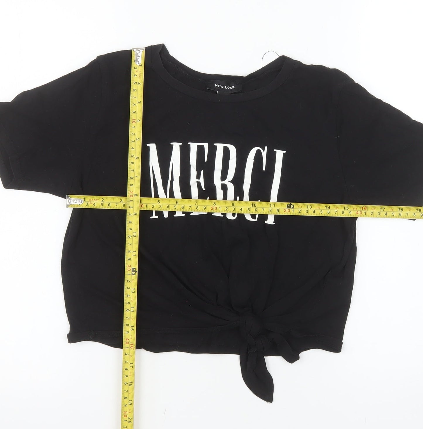 New Look Women's Black Merci Cropped Tie Front Cotton T-Shirt Size S
