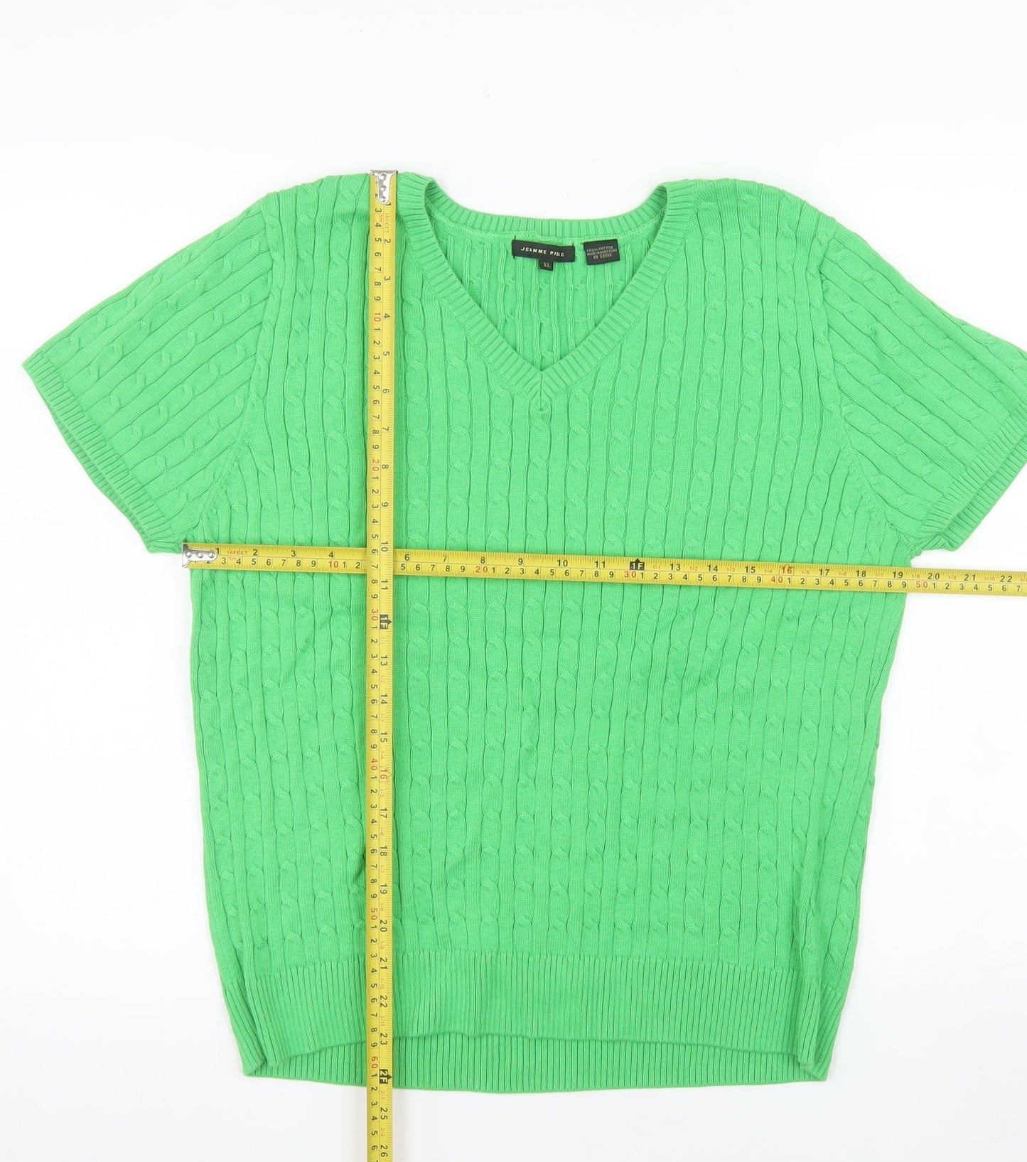 Jeanne Pierre Women's Green V-Neck Cable Knit Cotton Jumper XL