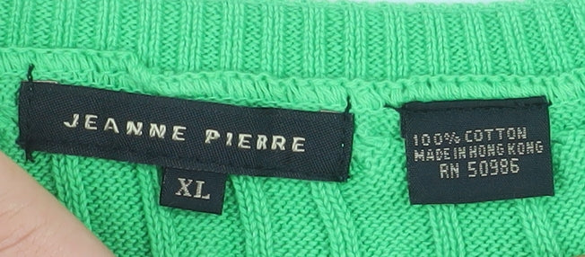 Jeanne Pierre Women's Green V-Neck Cable Knit Cotton Jumper XL