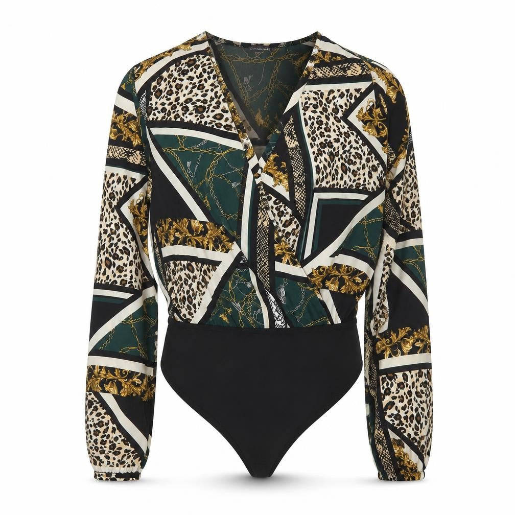 Primark Women’s Black Multi Print Bodysuit Size 12 Polyester Blend Long Sleeve