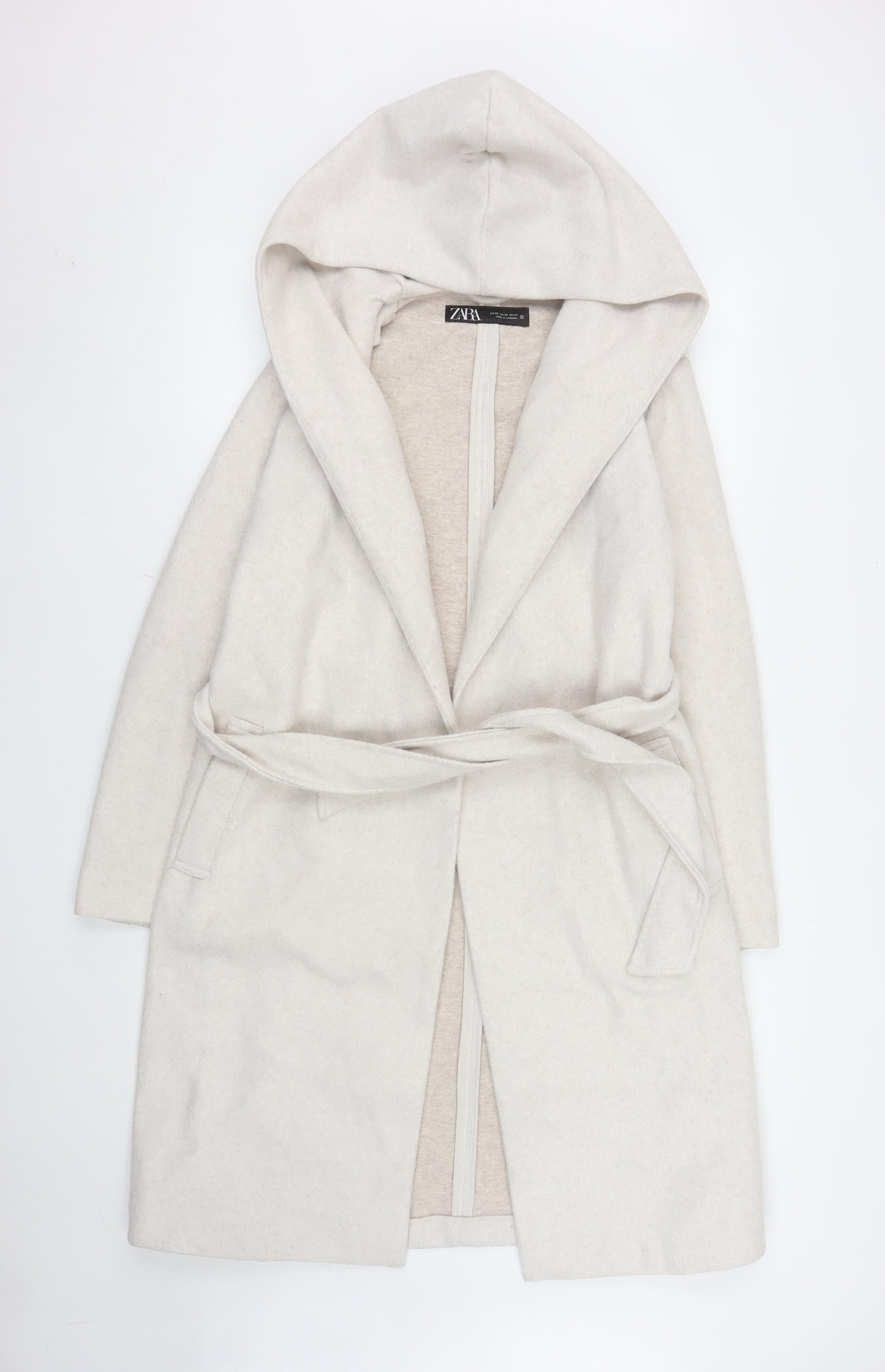Zara Women Ivory Wool Blend Hooded Belted Coatigan XS