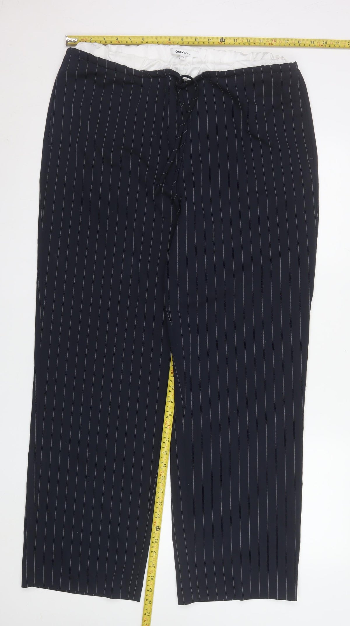 ONLY Women Navy Pinstripe Wide-Leg Trousers L/32 Polyester Blend