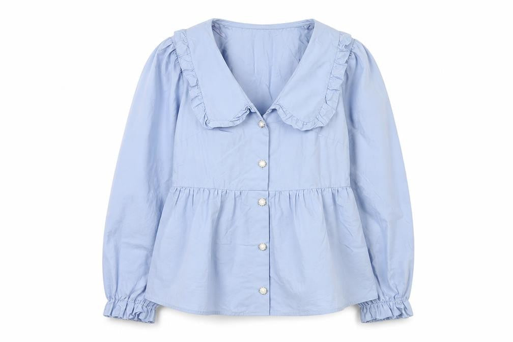Miss Selfridge Women Blue Ruffle Collar Cotton Blouse Size 6