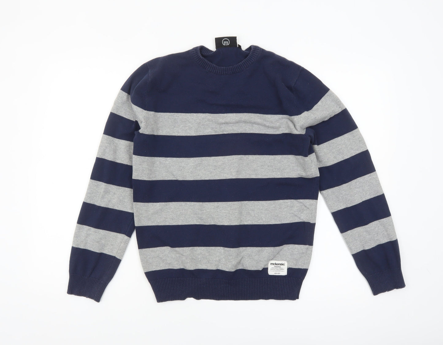 McKenzie Men's Blue Grey Striped Cotton Crew Neck Jumper M