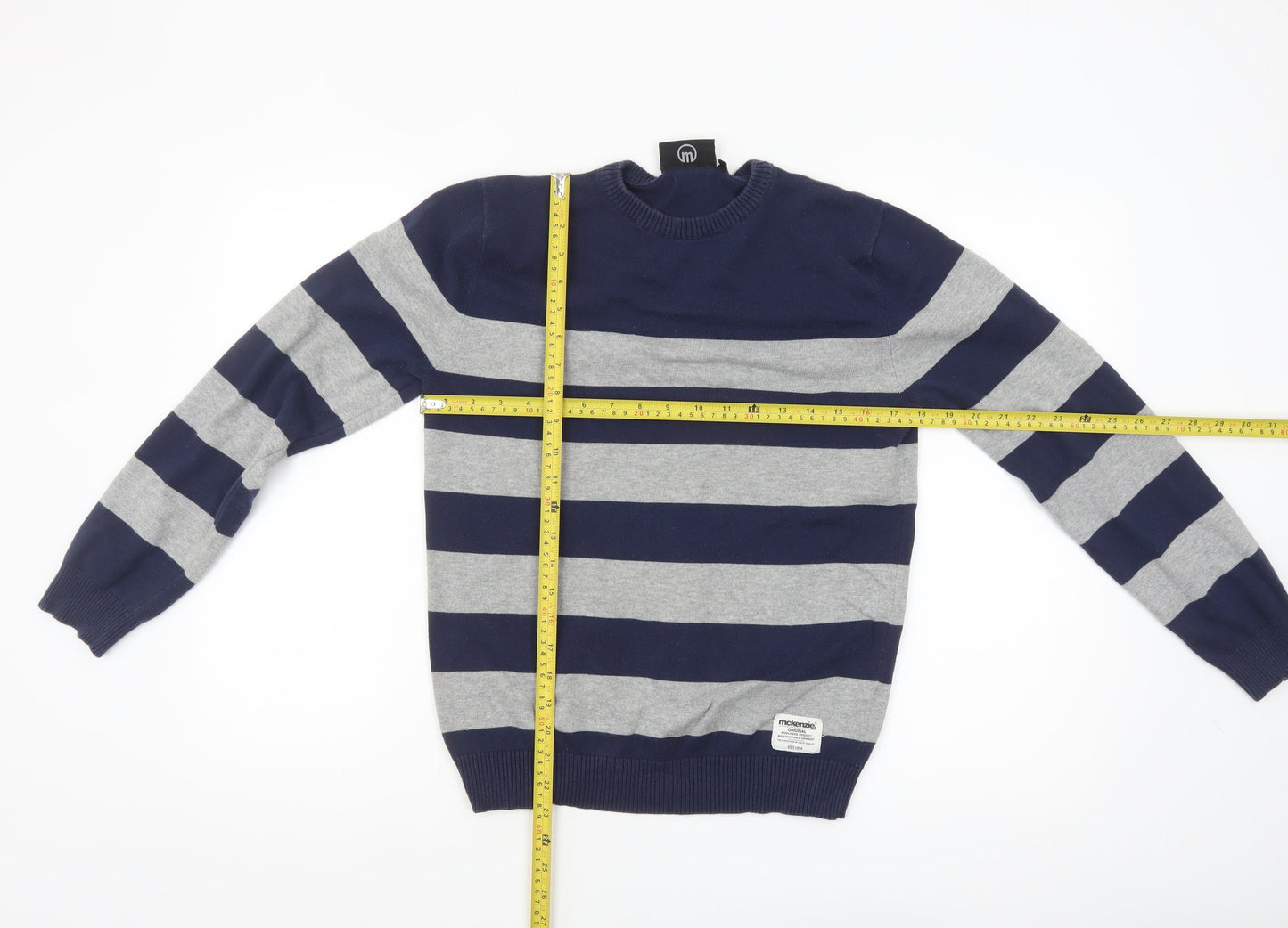 McKenzie Men's Blue Grey Striped Cotton Crew Neck Jumper M