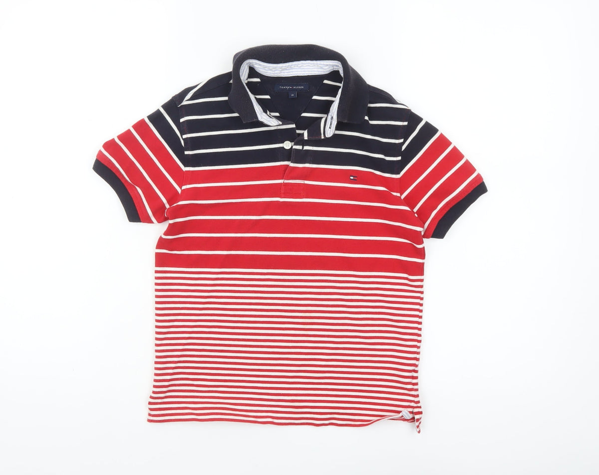 Tommy Hilfiger Boys Red Navy Striped Short Sleeve Polo Shirt 10 Years