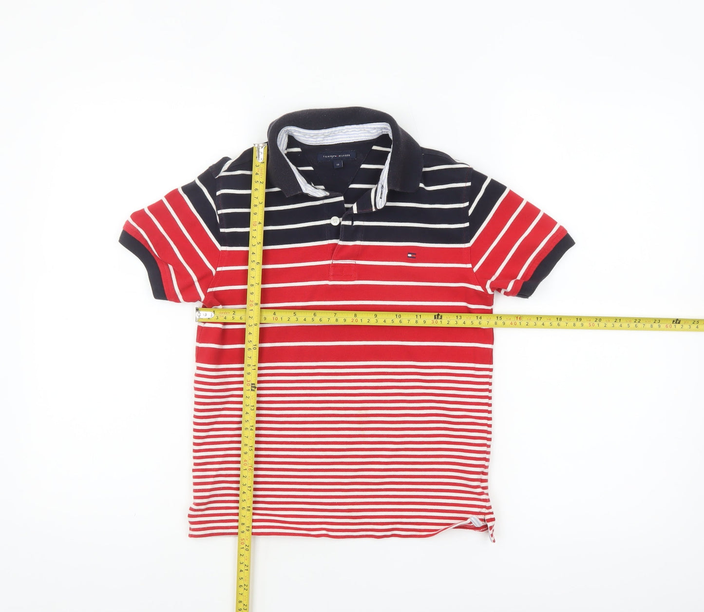 Tommy Hilfiger Boys Red Navy Striped Short Sleeve Polo Shirt 10 Years