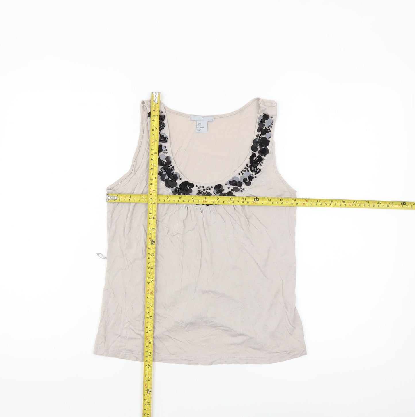 H&M Women's Beige Beaded Scoop Neck Viscose Tank Top Size 8