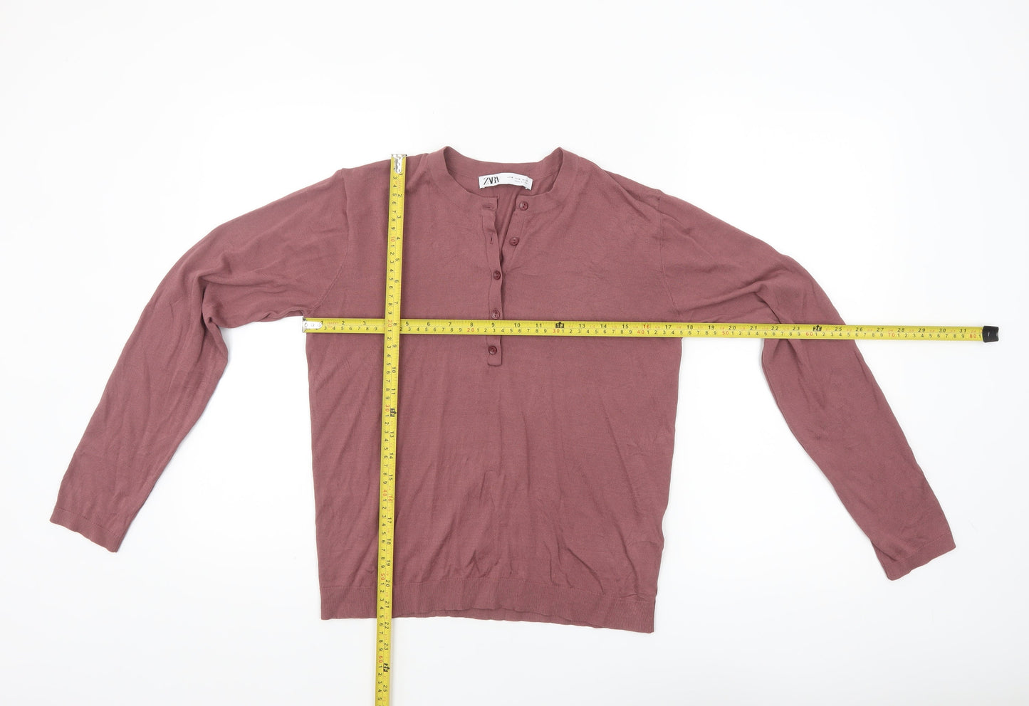 ZARA Womens Mauve Henley Jumper Medium Long Sleeve Knit
