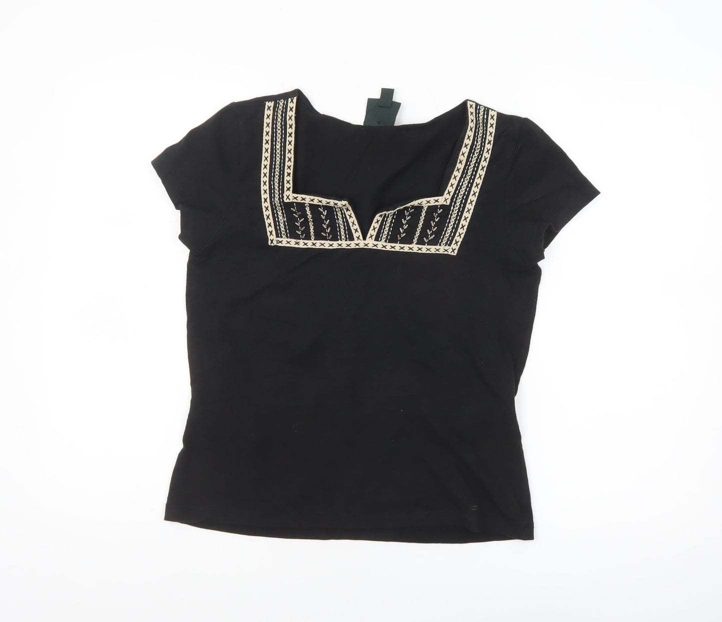 Laura Ashley Women's Black Embroidered Cotton Stretch T-Shirt M