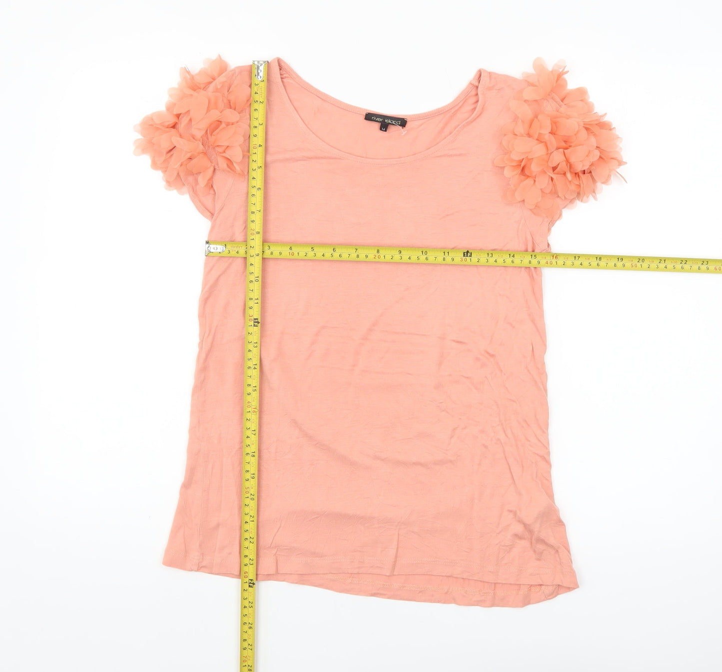 River Island Women's Pink Ruffle Sleeve Viscose T-Shirt Size 14