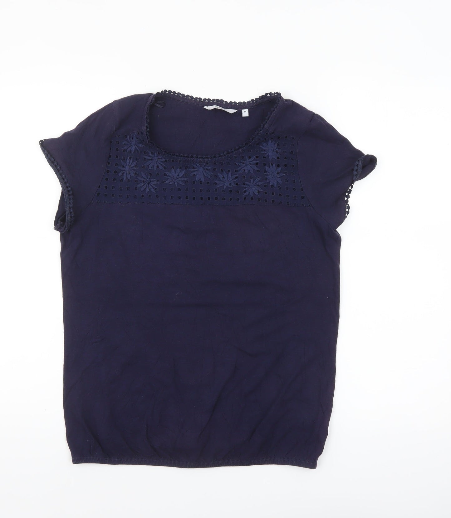 Next Women Blue Embroidered Cotton Short Sleeve Blouse Size 14